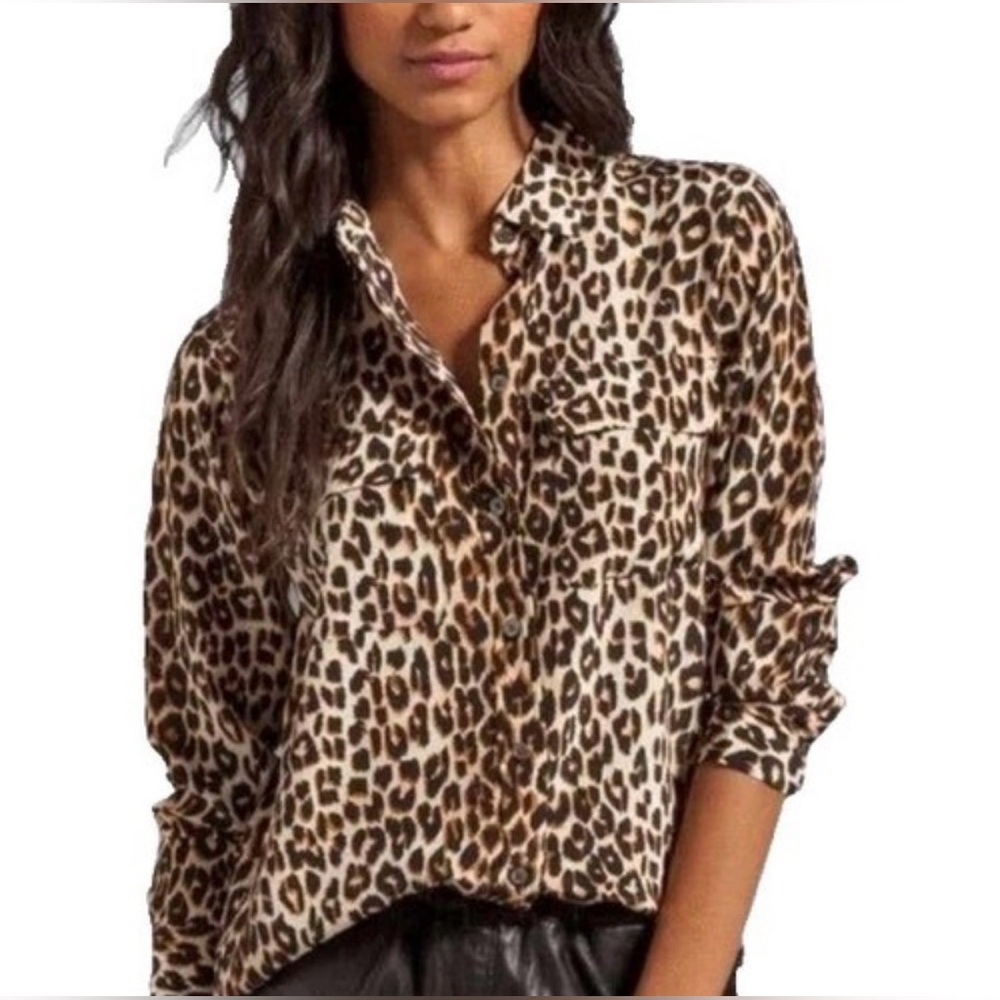 Chico's Leopard Print Button Down Shirt Brown Tan Long Sleeve Size 2 L 12 14